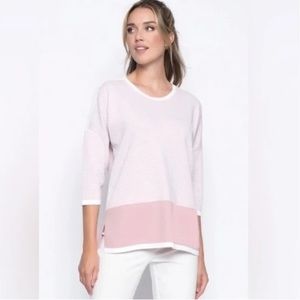 Picadilly Canada Lightweight Pinstripe Rose Pink Mesh Sleeve Detail Sweater Sz M